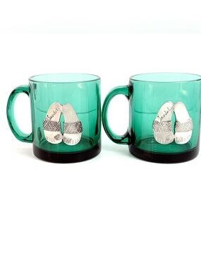 Vintage Set (2) Wendell August Green Glass Pewter Sandals Summer Mugs Thick USA